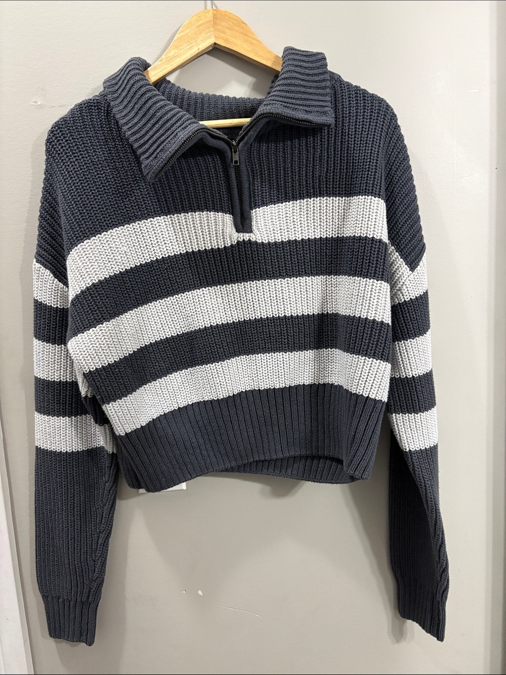 Striped Half-Zip Knit Sweater - Charcoal and White